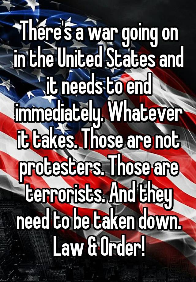 There's a war going on in the United States and it needs to end immediately. Whatever it takes. Those are not protesters. Those are terrorists. And they need to be taken down. Law & Order!