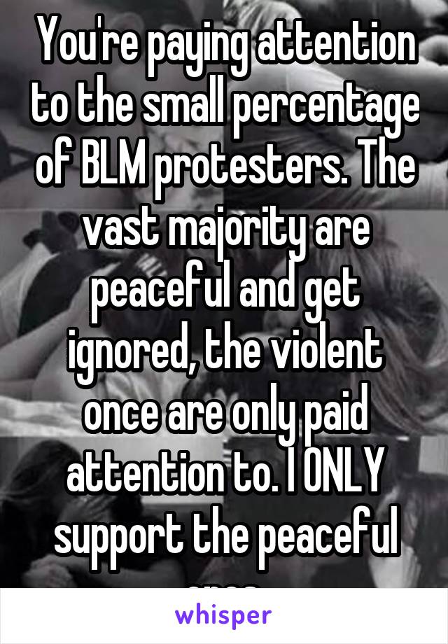 You're paying attention to the small percentage of BLM protesters. The vast majority are peaceful and get ignored, the violent once are only paid attention to. I ONLY support the peaceful ones.