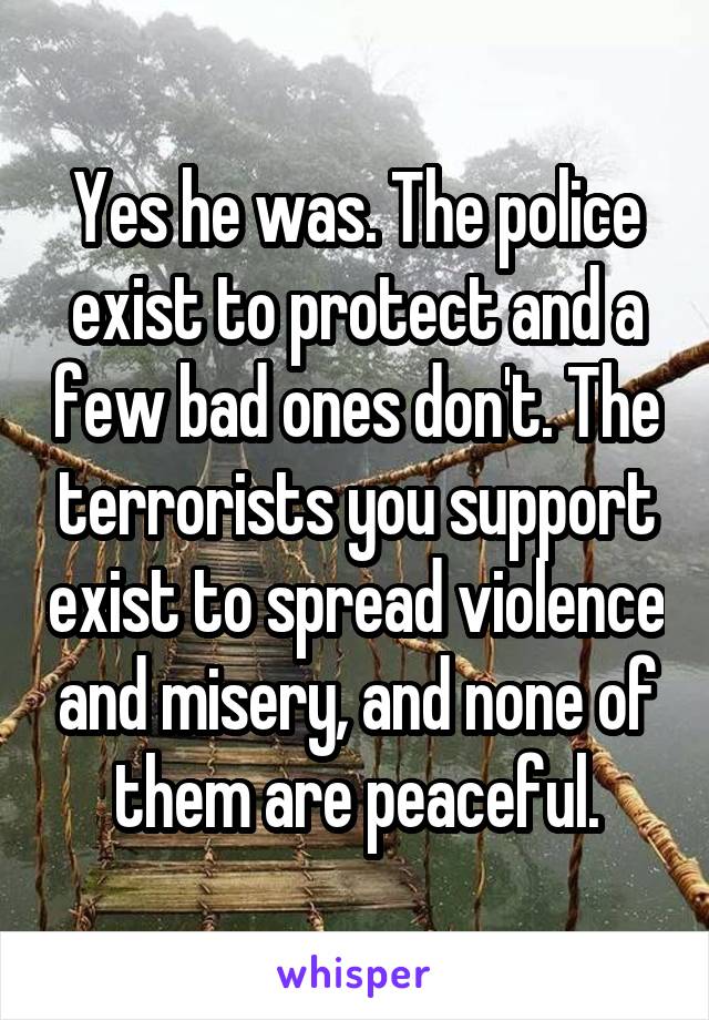 Yes he was. The police exist to protect and a few bad ones don't. The terrorists you support exist to spread violence and misery, and none of them are peaceful.