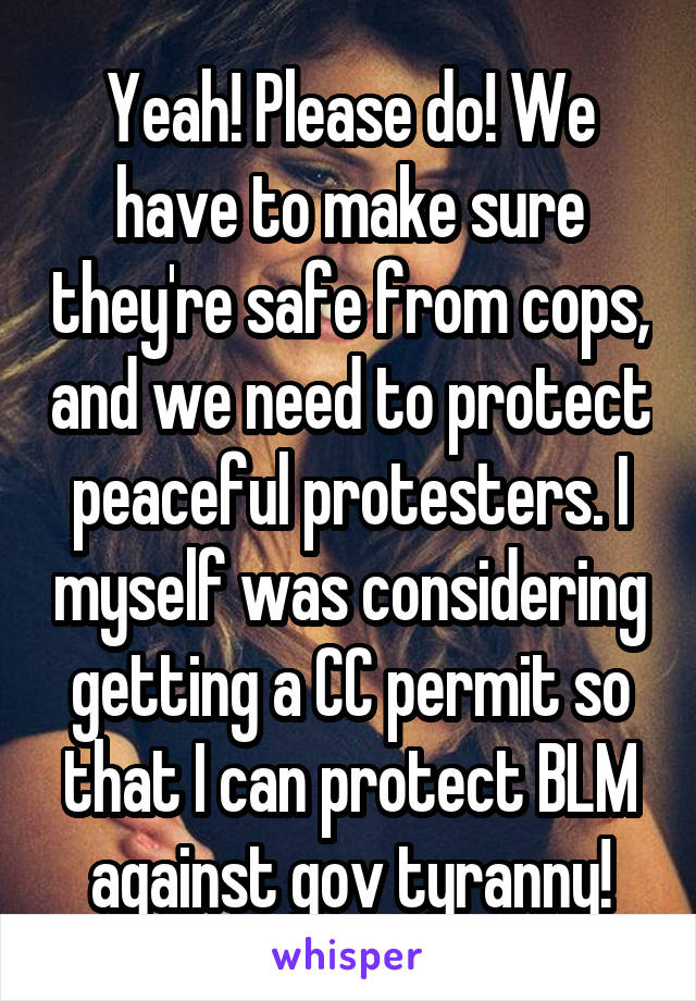 Yeah! Please do! We have to make sure they're safe from cops, and we need to protect peaceful protesters. I myself was considering getting a CC permit so that I can protect BLM against gov tyranny!