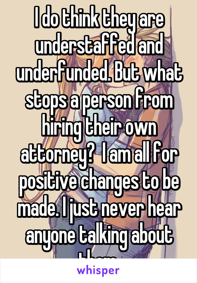 I do think they are understaffed and underfunded. But what stops a person from hiring their own attorney?  I am all for positive changes to be made. I just never hear anyone talking about them 
