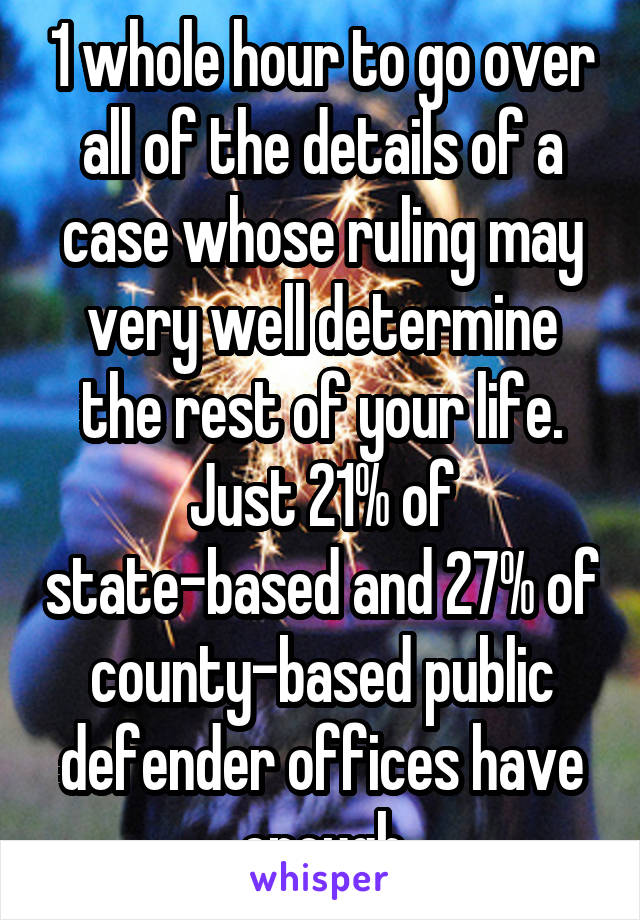 1 whole hour to go over all of the details of a case whose ruling may very well determine the rest of your life. Just 21% of state-based and 27% of county-based public defender offices have enough