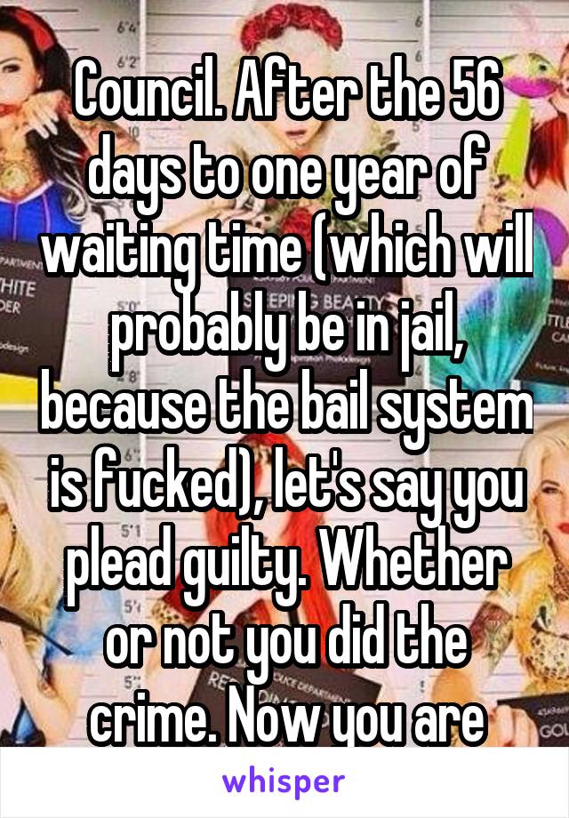 Council. After the 56 days to one year of waiting time (which will probably be in jail, because the bail system is fucked), let's say you plead guilty. Whether or not you did the crime. Now you are