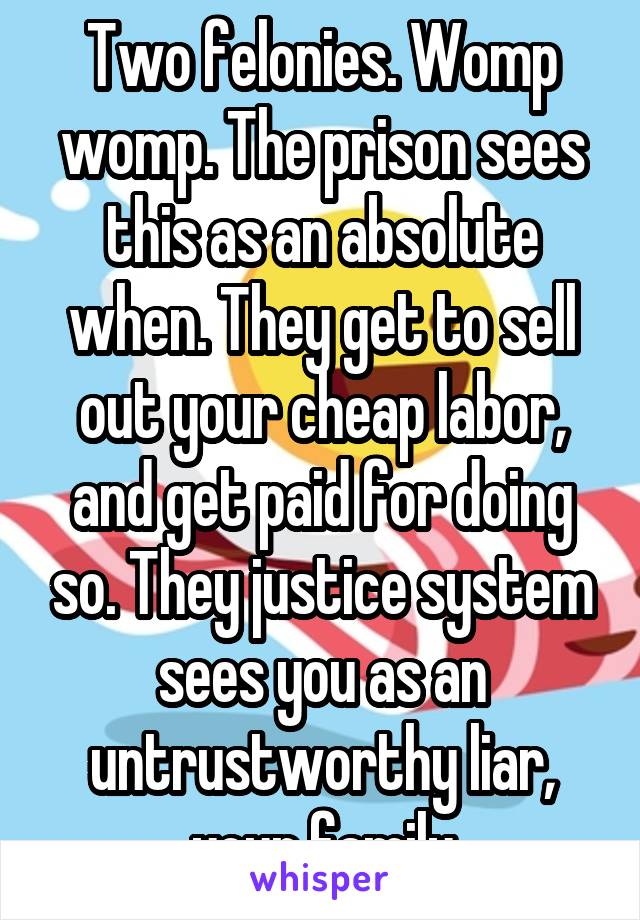 Two felonies. Womp womp. The prison sees this as an absolute when. They get to sell out your cheap labor, and get paid for doing so. They justice system sees you as an untrustworthy liar, your family