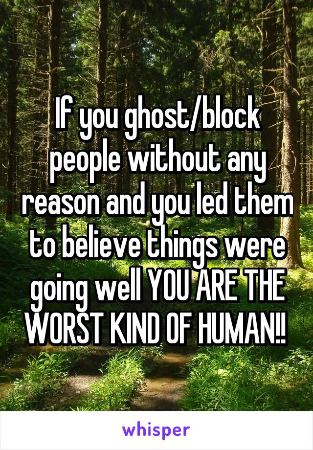 If you ghost/block people without any reason and you led them to believe things were going well YOU ARE THE WORST KIND OF HUMAN!! 