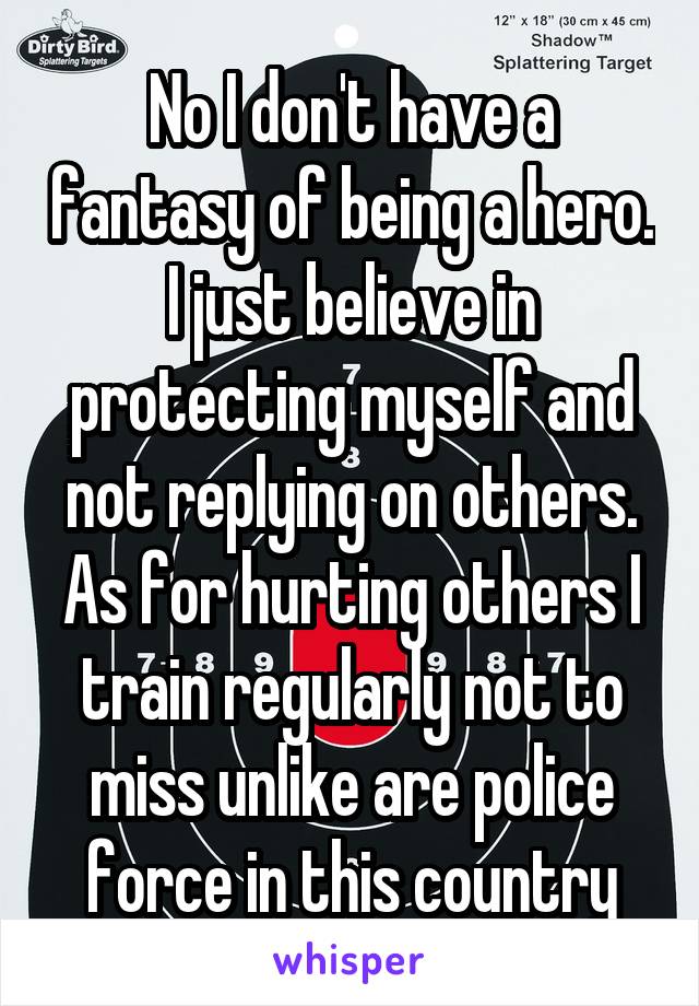 No I don't have a fantasy of being a hero. I just believe in protecting myself and not replying on others. As for hurting others I train regularly not to miss unlike are police force in this country