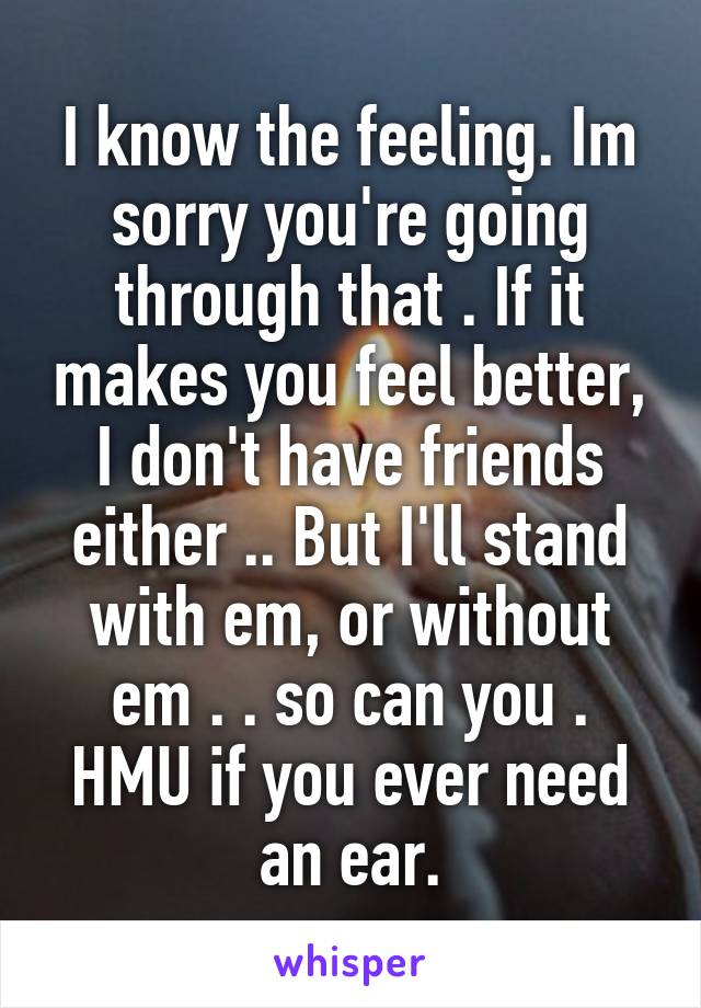 I know the feeling. Im sorry you're going through that . If it makes you feel better, I don't have friends either .. But I'll stand with em, or without em . . so can you . HMU if you ever need an ear.