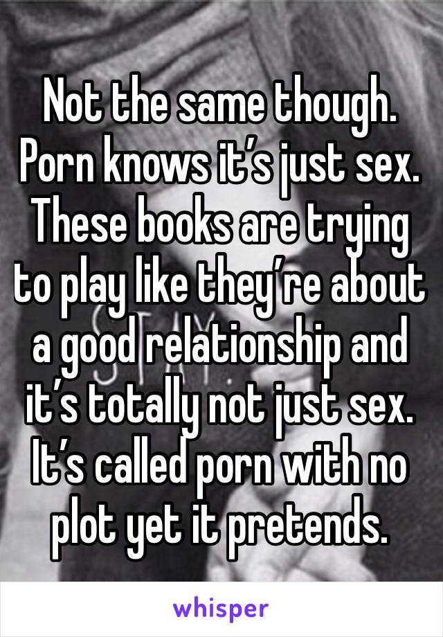 Not the same though. Porn knows it’s just sex. These books are trying to play like they’re about a good relationship and it’s totally not just sex. It’s called porn with no plot yet it pretends.