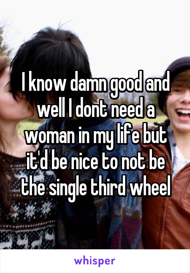 I know damn good and well I dont need a woman in my life but it'd be nice to not be the single third wheel