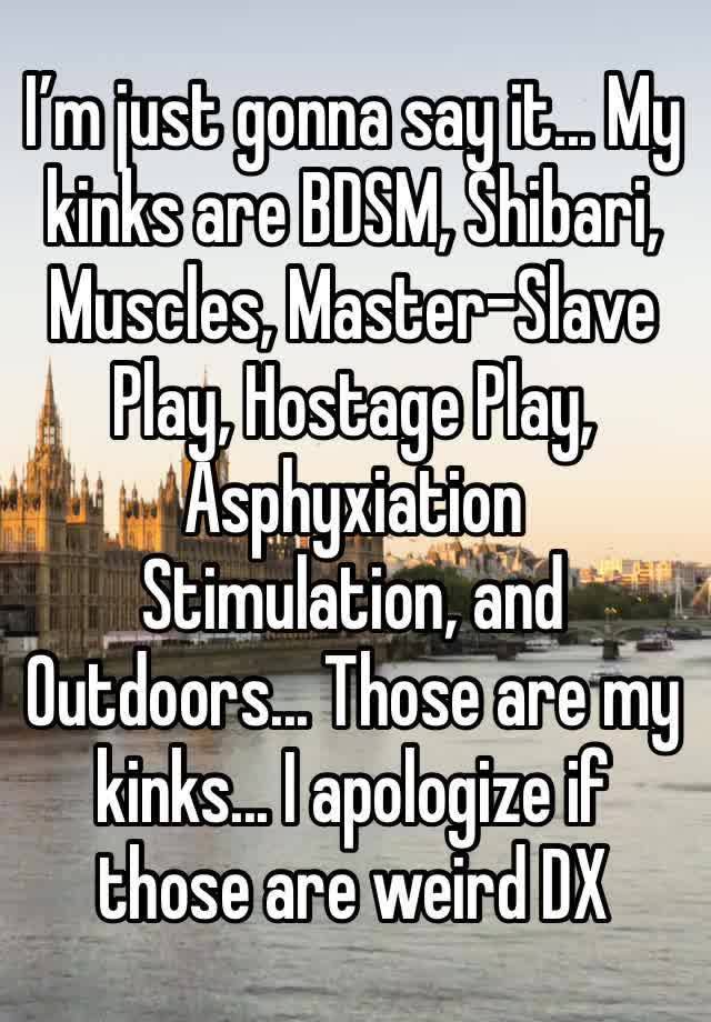 I’m just gonna say it... My kinks are BDSM, Shibari, Muscles, Master-Slave Play, Hostage Play, Asphyxiation Stimulation, and Outdoors... Those are my kinks... I apologize if those are weird DX