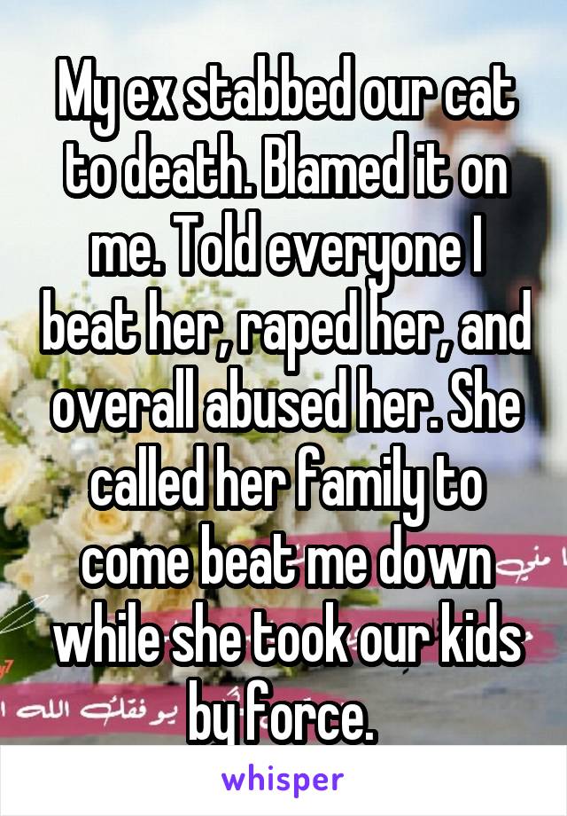 My ex stabbed our cat to death. Blamed it on me. Told everyone I beat her, raped her, and overall abused her. She called her family to come beat me down while she took our kids by force. 