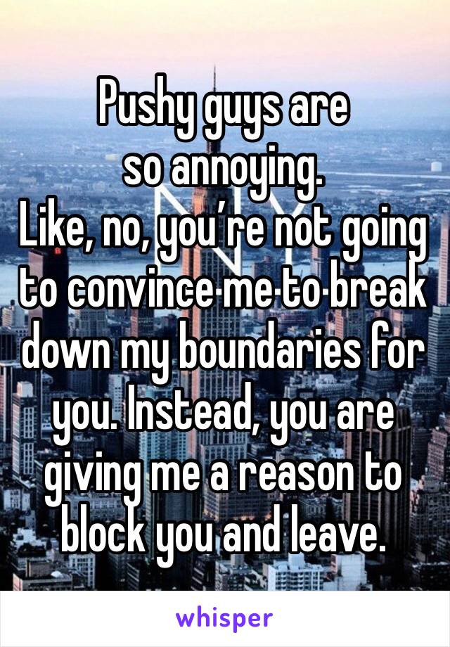 Pushy guys are so annoying.
Like, no, you’re not going to convince me to break down my boundaries for you. Instead, you are giving me a reason to block you and leave.