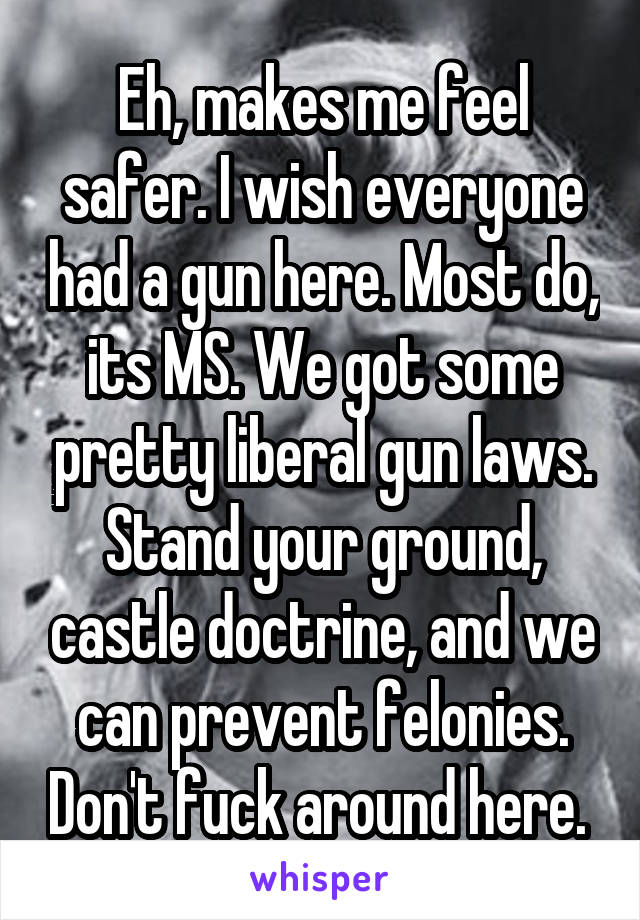 Eh, makes me feel safer. I wish everyone had a gun here. Most do, its MS. We got some pretty liberal gun laws. Stand your ground, castle doctrine, and we can prevent felonies. Don't fuck around here. 