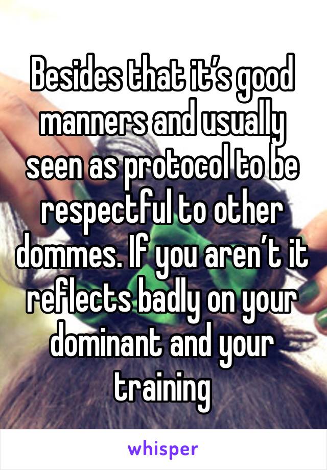 Besides that it’s good manners and usually seen as protocol to be respectful to other dommes. If you aren’t it reflects badly on your dominant and your training 