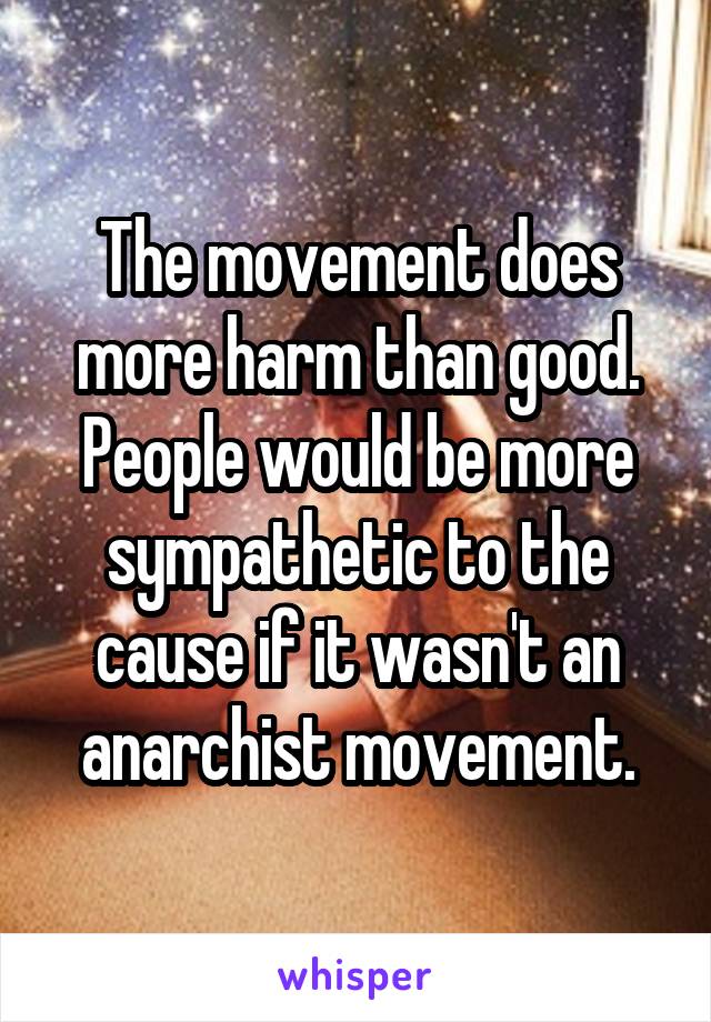 The movement does more harm than good. People would be more sympathetic to the cause if it wasn't an anarchist movement.