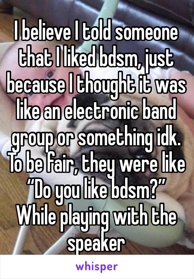 I believe I told someone that I liked bdsm, just because I thought it was like an electronic band group or something idk. To be fair, they were like “Do you like bdsm?” While playing with the speaker