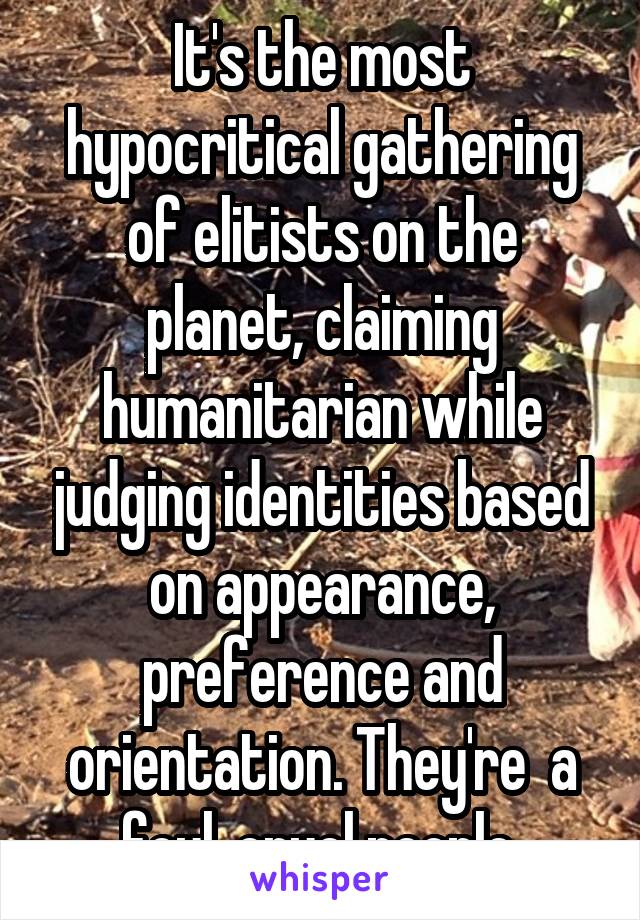 It's the most hypocritical gathering of elitists on the planet, claiming humanitarian while judging identities based on appearance, preference and orientation. They're  a foul, cruel people.