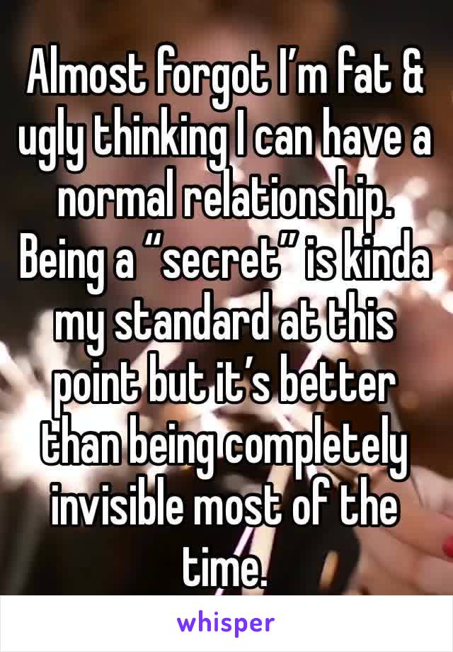 Almost forgot I’m fat & ugly thinking I can have a normal relationship. Being a “secret” is kinda my standard at this point but it’s better than being completely invisible most of the time. 