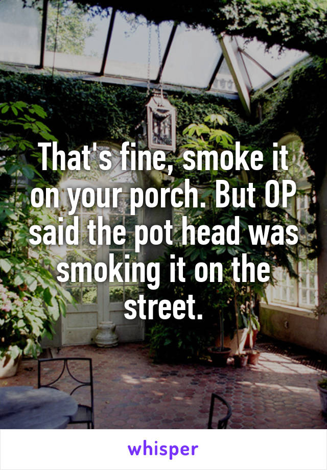 That's fine, smoke it on your porch. But OP said the pot head was smoking it on the street.