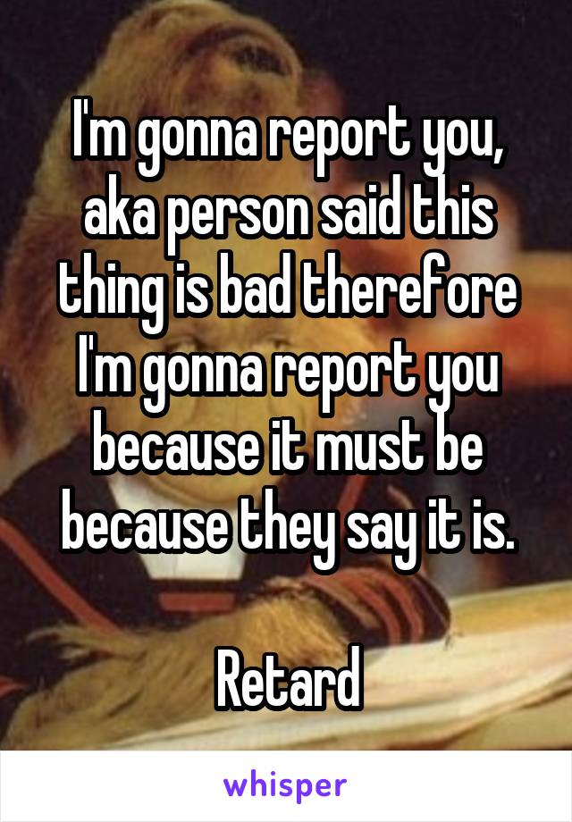 I'm gonna report you, aka person said this thing is bad therefore I'm gonna report you because it must be because they say it is.

Retard