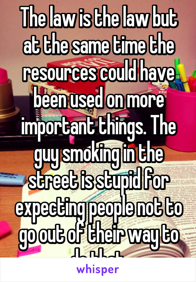 The law is the law but at the same time the resources could have been used on more important things. The guy smoking in the street is stupid for expecting people not to go out of their way to do that.