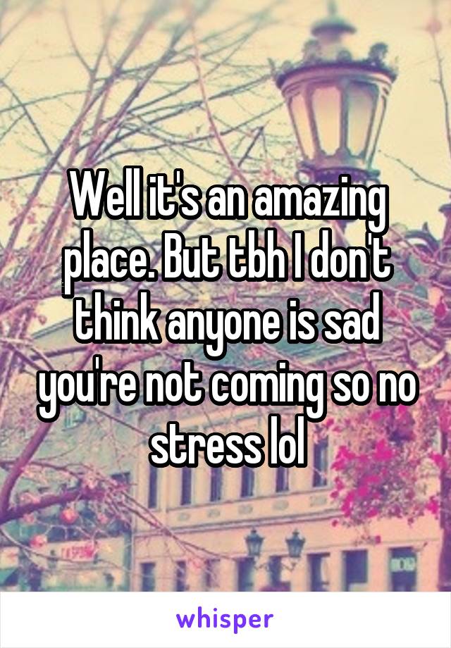 Well it's an amazing place. But tbh I don't think anyone is sad you're not coming so no stress lol