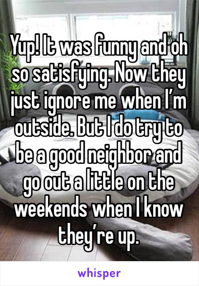 Yup! It was funny and oh so satisfying. Now they just ignore me when I’m outside. But I do try to be a good neighbor and go out a little on the weekends when I know they’re up. 