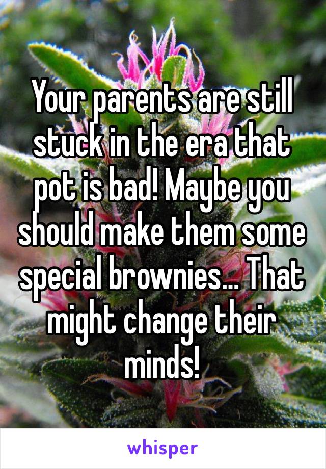 Your parents are still stuck in the era that pot is bad! Maybe you should make them some special brownies… That might change their minds!