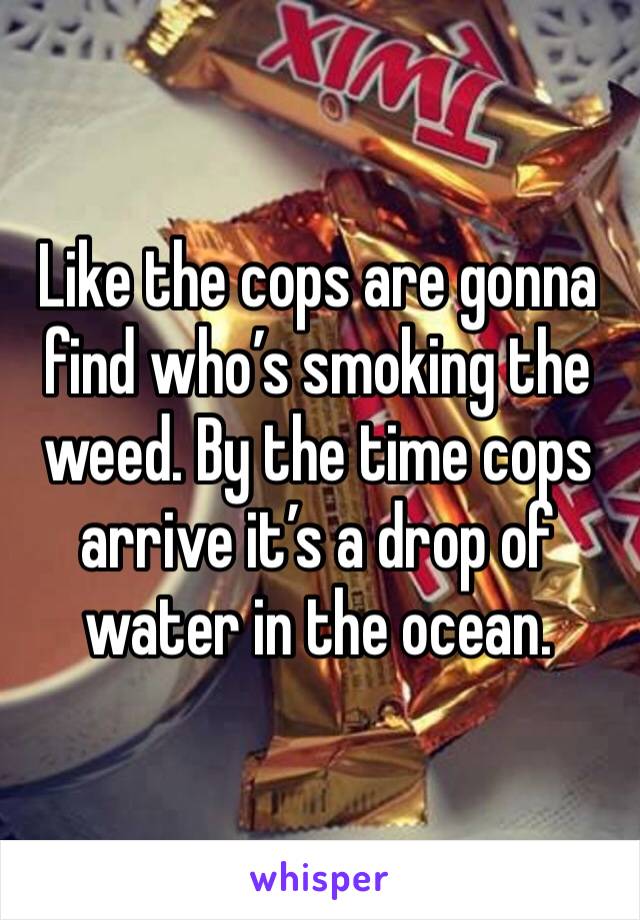 Like the cops are gonna find who’s smoking the weed. By the time cops arrive it’s a drop of water in the ocean. 