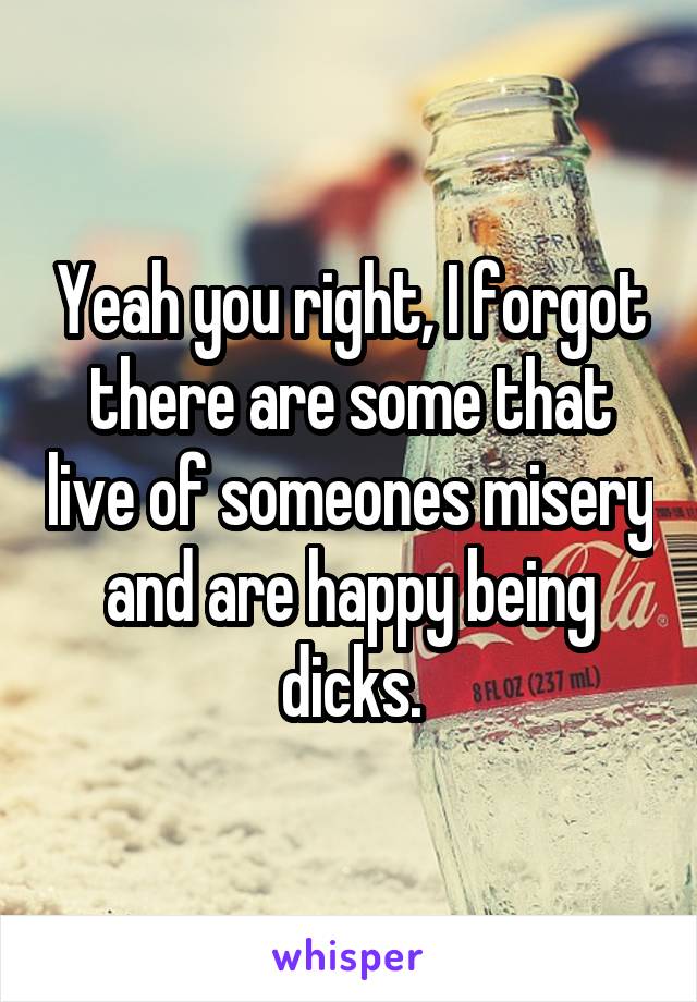 Yeah you right, I forgot there are some that live of someones misery and are happy being dicks.