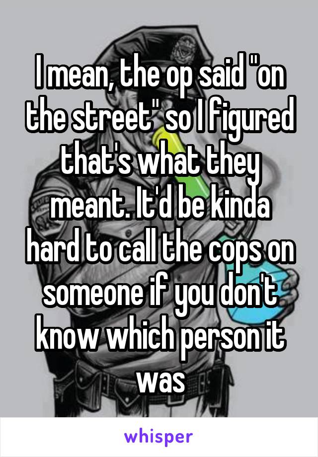 I mean, the op said "on the street" so I figured that's what they meant. It'd be kinda hard to call the cops on someone if you don't know which person it was