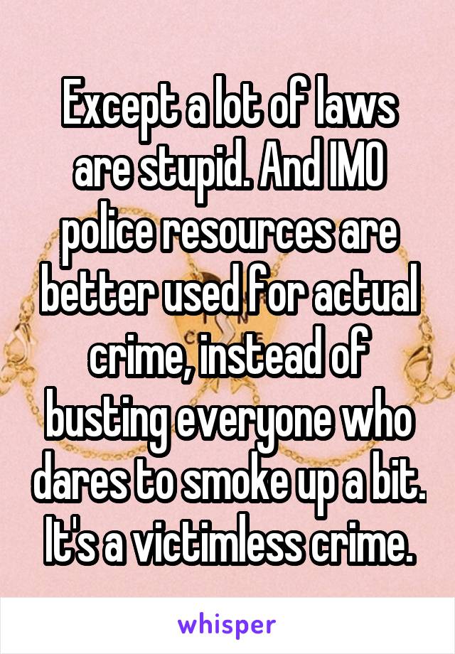 Except a lot of laws are stupid. And IMO police resources are better used for actual crime, instead of busting everyone who dares to smoke up a bit. It's a victimless crime.