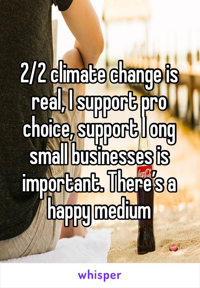 2/2 climate change is real, I support pro choice, support I ong small businesses is important. There’s a happy medium