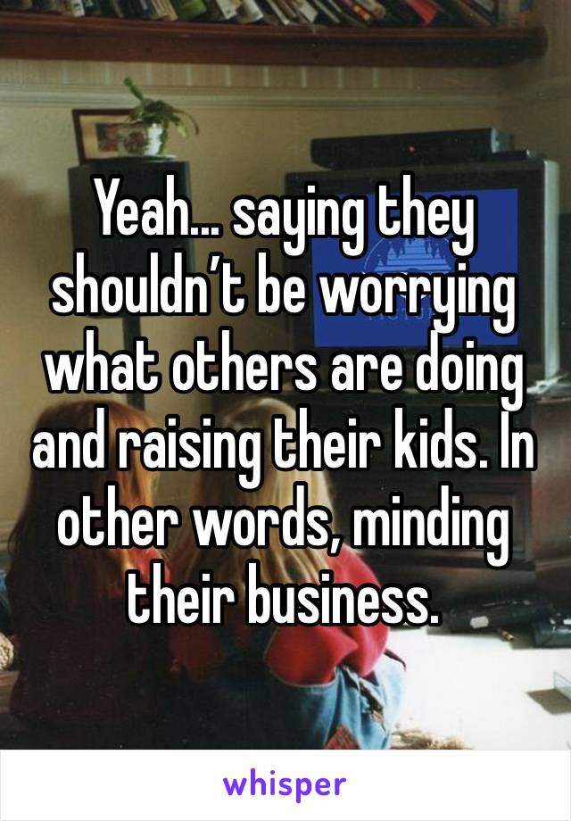 Yeah... saying they shouldn’t be worrying what others are doing and raising their kids. In other words, minding their business. 