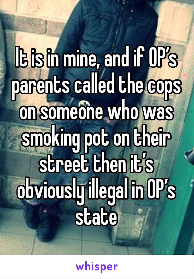 It is in mine, and if OP’s parents called the cops on someone who was smoking pot on their street then it’s obviously illegal in OP’s state 