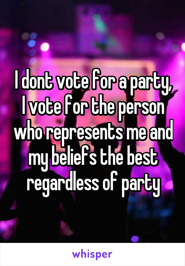 I dont vote for a party, I vote for the person who represents me and my beliefs the best regardless of party