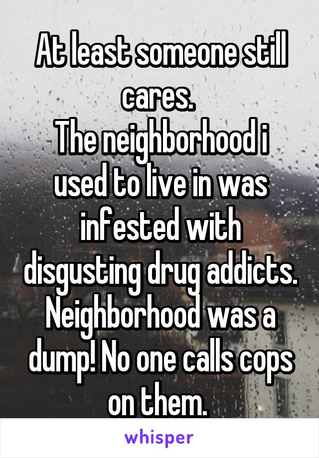 At least someone still cares. 
The neighborhood i used to live in was infested with disgusting drug addicts. Neighborhood was a dump! No one calls cops on them. 