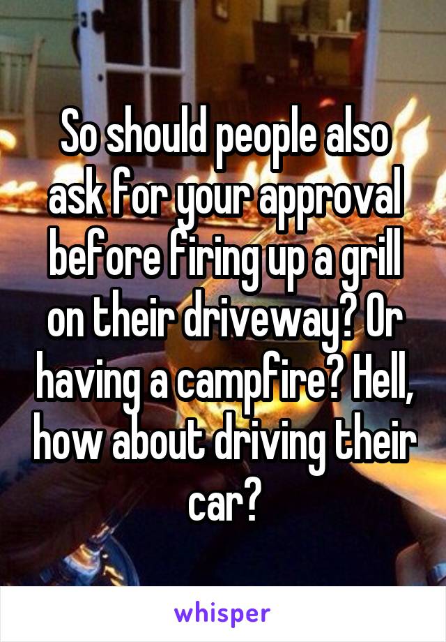 So should people also ask for your approval before firing up a grill on their driveway? Or having a campfire? Hell, how about driving their car?