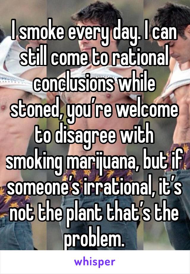 I smoke every day. I can still come to rational conclusions while stoned, you’re welcome to disagree with smoking marijuana, but if someone’s irrational, it’s not the plant that’s the problem.