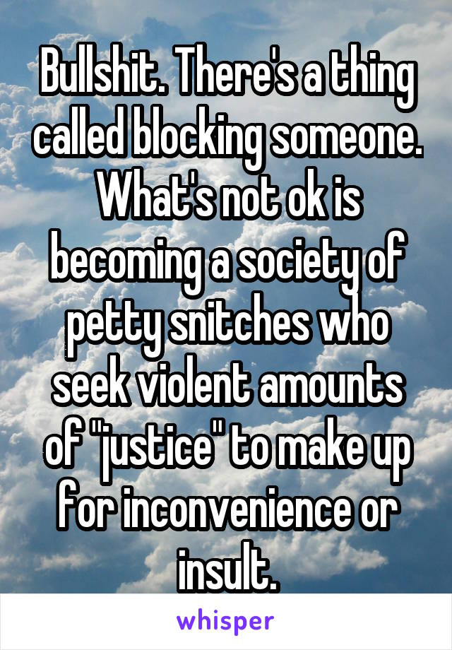 Bullshit. There's a thing called blocking someone. What's not ok is becoming a society of petty snitches who seek violent amounts of "justice" to make up for inconvenience or insult.