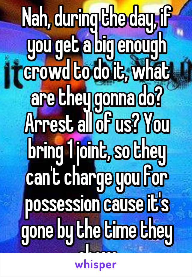 Nah, during the day, if you get a big enough crowd to do it, what are they gonna do? Arrest all of us? You bring 1 joint, so they can't charge you for possession cause it's gone by the time they show