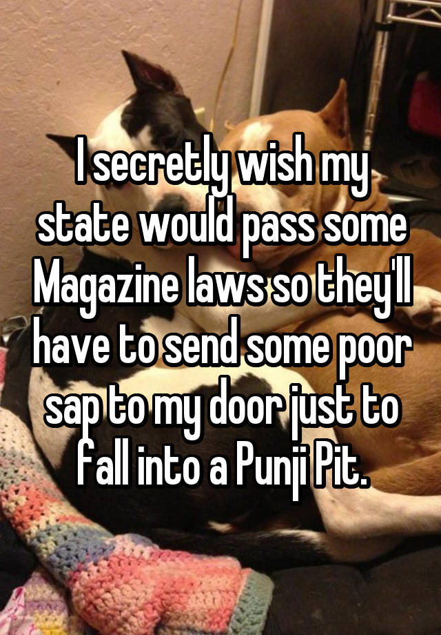 I secretly wish my state would pass some Magazine laws so they'll have to send some poor sap to my door just to fall into a Punji Pit.