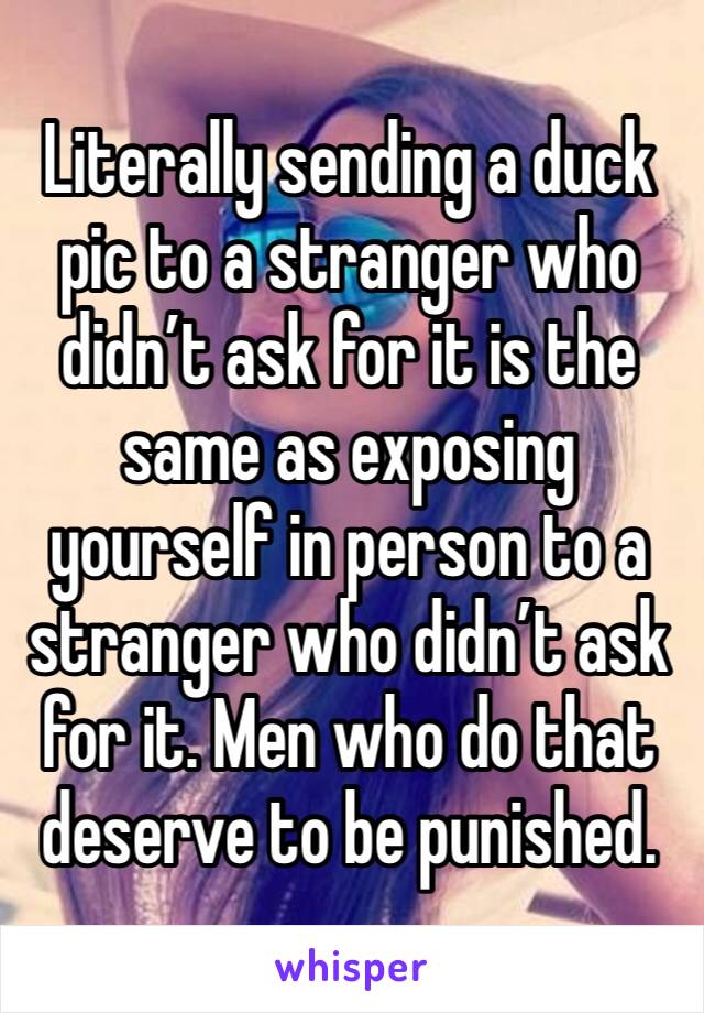 Literally sending a duck pic to a stranger who didn’t ask for it is the same as exposing yourself in person to a stranger who didn’t ask for it. Men who do that deserve to be punished. 