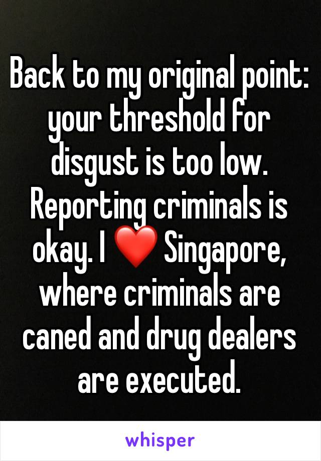 Back to my original point: your threshold for disgust is too low. Reporting criminals is okay. I ❤️ Singapore, where criminals are caned and drug dealers are executed.