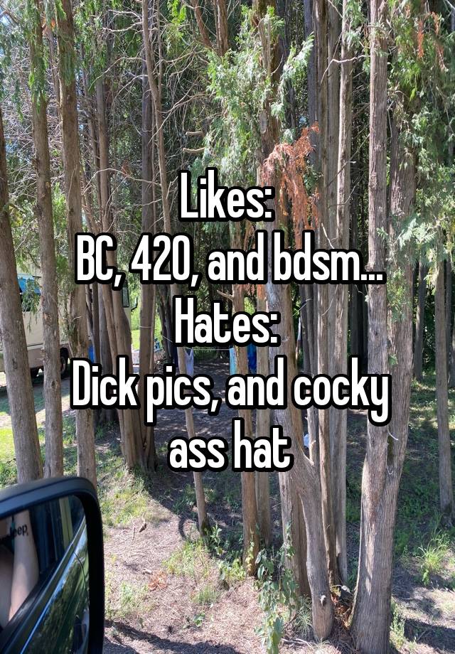 Likes: 
BC, 420, and bdsm...
Hates: 
Dick pics, and cocky ass hat