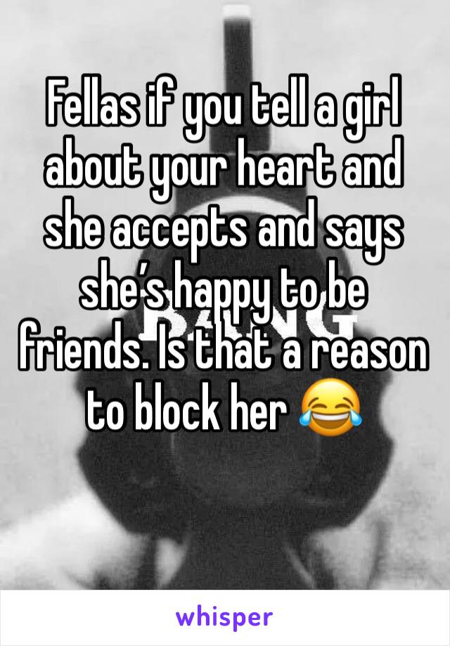 Fellas if you tell a girl about your heart and she accepts and says she’s happy to be friends. Is that a reason to block her 😂