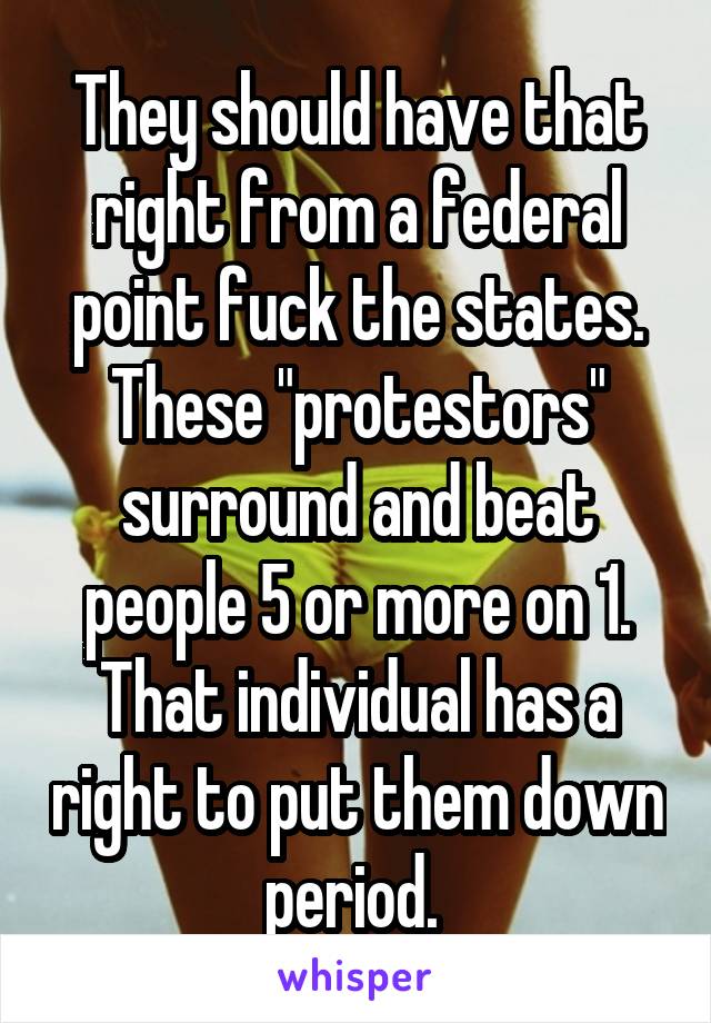 They should have that right from a federal point fuck the states. These "protestors" surround and beat people 5 or more on 1. That individual has a right to put them down period. 