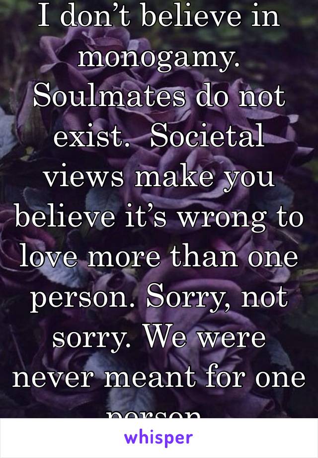 I don’t believe in monogamy.  Soulmates do not exist.  Societal views make you believe it’s wrong to love more than one person. Sorry, not sorry. We were never meant for one person. 