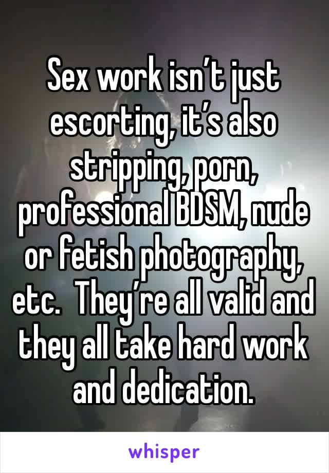 Sex work isn’t just escorting, it’s also stripping, porn, professional BDSM, nude or fetish photography, etc.  They’re all valid and they all take hard work and dedication. 