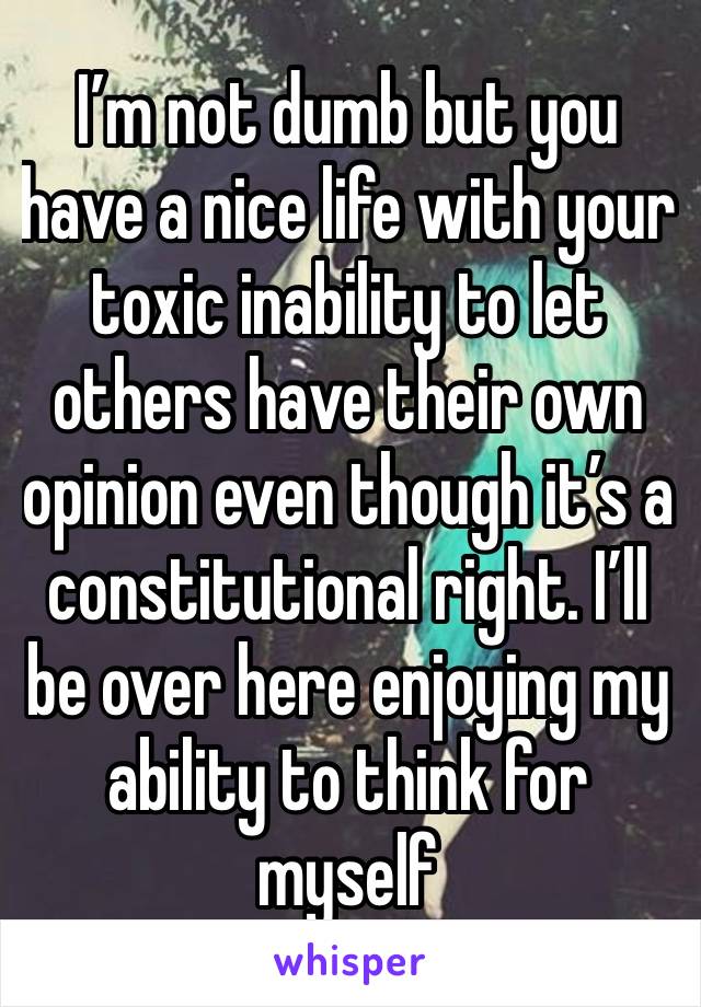 I’m not dumb but you have a nice life with your toxic inability to let others have their own opinion even though it’s a constitutional right. I’ll be over here enjoying my ability to think for myself